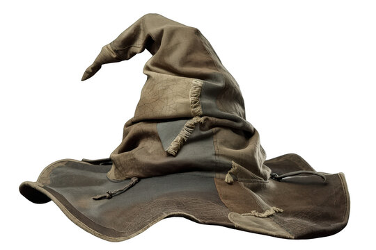 Magic hat for wizards, a worn brown pointed cap, symbolic for fantasy, education, and choice, transparent background
