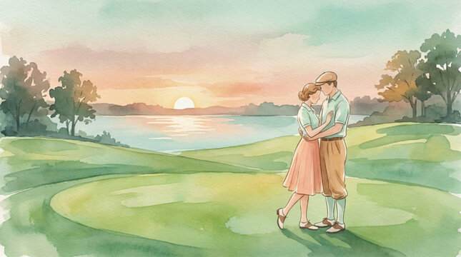 Couple Embracing on Golf Course at Sunset.