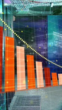 Vertical video: AR bar chart growing after data feed, showing business sales drop with yellow trend