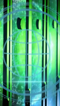 Vertical video: Servers powering and drawing radar rings and globe overlay for cybersecurity alerts