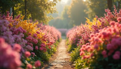 Obraz premium Stone path through garden with rows of pink and yellow blooming flowers. Green trees and soft sunlight create a peaceful atmosphere. Perfect for spring or summer nature scenes.