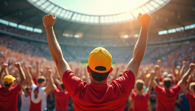 Crowd of sports fans cheers with raised fists at stadium. Man in yellow cap celebrates winning event. People feel excitement joy unity teamwork, supporting favorite team. Bright sunny day, blurred