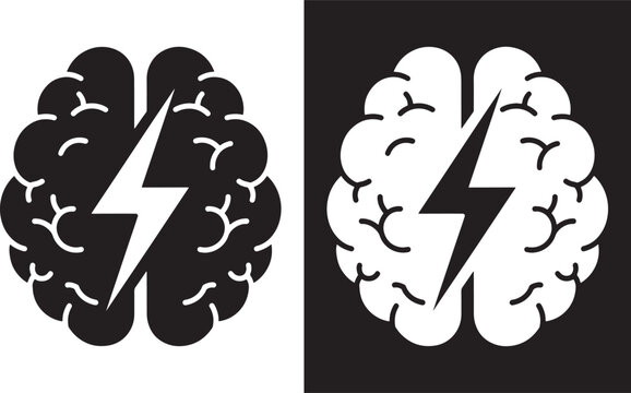 Brain with lightning bolt logo in black and white