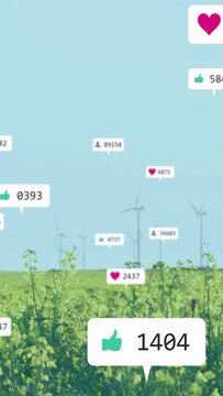 Vertical video: Marketer posting ad, animated likes rising across canola to turbines showing reach