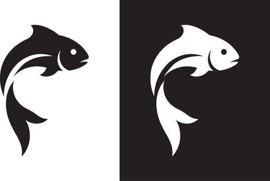 A black and white fish logo on a split color background