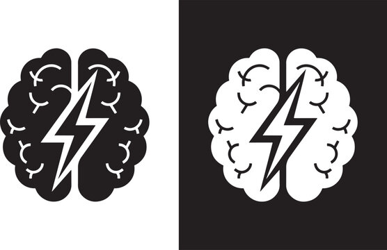 A black and white brain with a lightning bolt