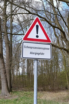 Warnschild mit dem Hinweis auf Eichenprozessionsspinner - Allergiegefahr in einem Waldgebiet in Deutschland