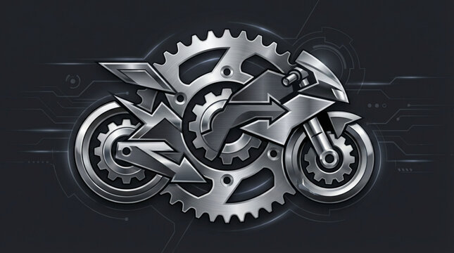 Motorcycle emblem with gears and arrows design.