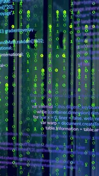 Streaming neon green binary and layered code over vertical slatted panels, revealing purple bands