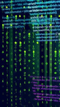 Frame progression causing binary rain falling, revealing right code and node mesh, visualizing tech