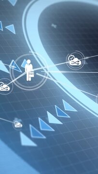 Vertical video: Detection ping turning into user icon, linking to cloud and marking technology hub