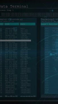 Vertical video: Left data terminal initiating deploy filling creds marking rows while globe pulsing