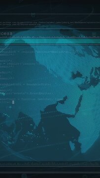 Vertical video: Zooming out, teal globe rotating, revealing locks and scrolling code, cybersecurity