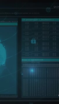 Dual-panel HUD initiating on startup, running cybersecurity scan with globe, table, hex dump