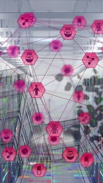 On data arrival, pink overlay moving down aisle, nodes pulsing, linking human-icon for health data