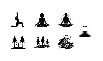 Obraz premium Collection of people in nature, yoga poses, and ocean wave icons.