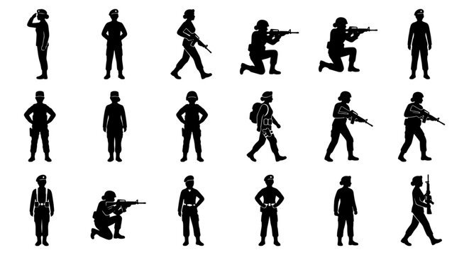 Military soldier silhouettes set, 18 army infantry vector icons, armed forces personnel in combat poses, black tactical warrior figures for war games