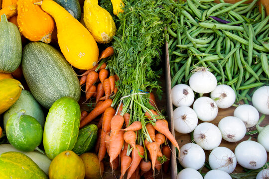 Mixed fresh vegetables arranged at produce market
