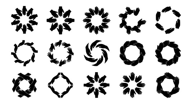 Minimalist black hand circle icons set, human hands forming circular frames and radial patterns, 15 vector silhouettes for community and teamwork
