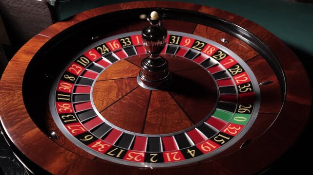 Hand spinning roulette wheel with ball in casino, close up