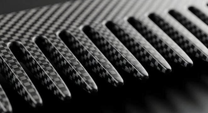 Close-up macro shot of a carbon fiber textured surface with a ribbed pattern, showcasing intricate details and a sleek, modern aesthetic