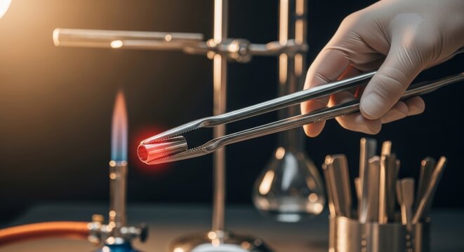 Hand uses tongs to heat metal object over flame