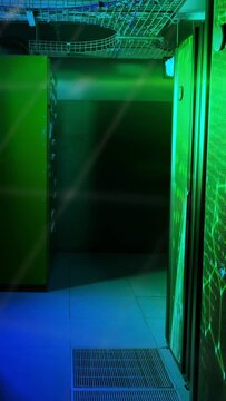 Frames advancing causing dotted map overlay and scrolling text monitoring, revealing server rack