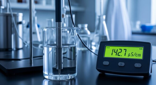 Laboratory probe submerged in liquid for conductivity measurement