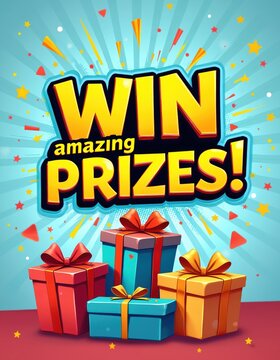 Colorful illustration announces contest with bold text Win Amazing Prizes. Festive background with confetti stars. Gift boxes with ribbons suggest rewards for lucky winners.