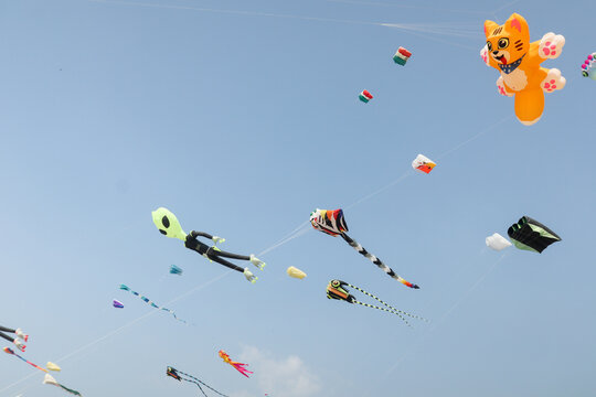Colorful Kites in various shapes, sizes, designs, fly, sky, blue, freedom, joy, attraction during Makar Sankranti festival in India.