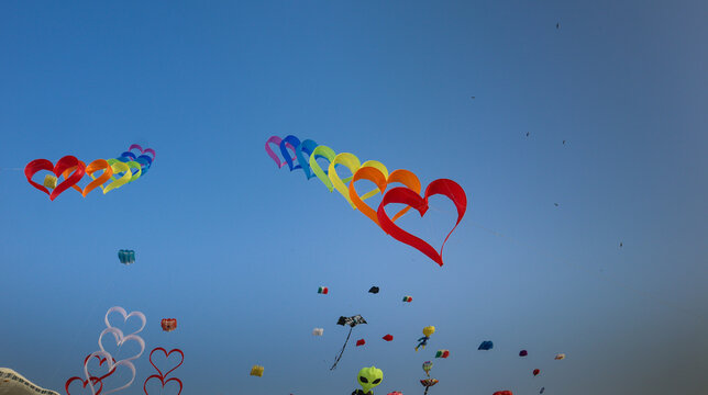 Colorful Kites in various shapes, sizes, designs, fly, sky, blue, freedom, joy, attraction during Makar Sankranti festival in India.