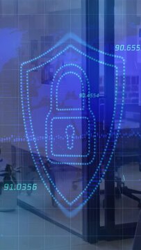 Diverse staff exchanging keycard at glass door in office under blue shield lock, masked
