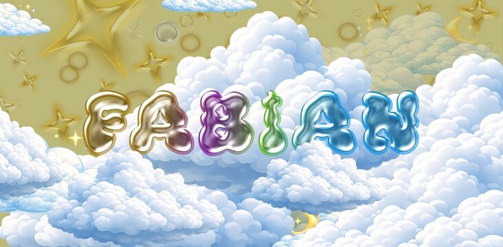 Fabian name. Colorful 3D Cloud Fantasy Background with Glossy Balloon Letters. Dreamy Sky, Stars and Soft Clouds Illustration.