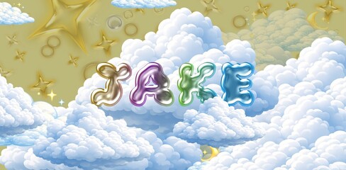 Jake name. Colorful 3D Cloud Fantasy Background with Glossy Balloon Letters. Dreamy Sky, Stars and Soft Clouds Illustration. © MARTELO