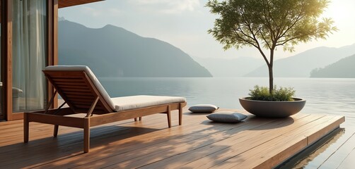Obraz premium Wooden deck with lounge chair by tranquil water and mountains. A small tree in a pot sits nearby. Peaceful outdoor setting with soft light and calm lake.