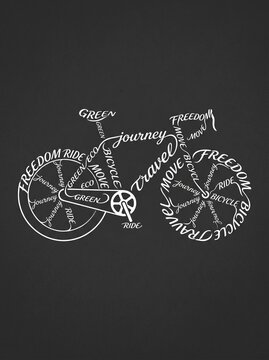 Urban Bicycle Calligram Typography Illustration Representing Freedom Eco-friendly Travel and Motion