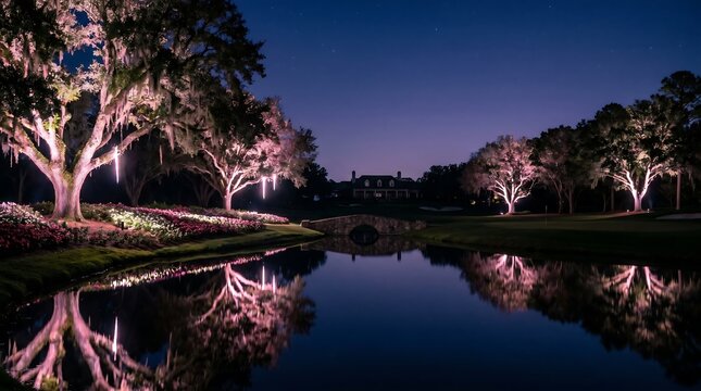 Night golf course with bioluminescent flowers and trees reflecting in water, ethereal concept for high-end night golf events, luxury entertainment branding, and mysterious lifestyle marketing.