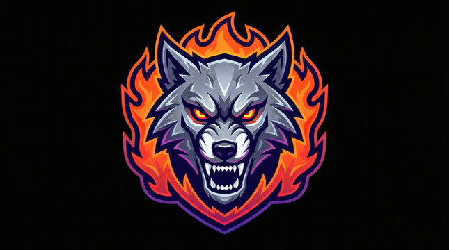 Fierce wolf mascot logo with fiery background on black
