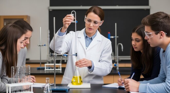 Teacher demonstrating titration in a science lab