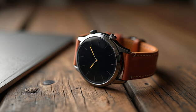 Modern smartwatch with leather strap on rustic wood. Sleek round face and minimalist interface. Tech accessory on vintage desk. Elegant timekeeping device for modern life.