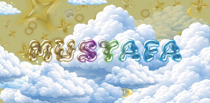 Mustafa name. Colorful 3D Cloud Fantasy Background with Glossy Balloon Letters. Dreamy Sky, Stars and Soft Clouds Illustration.