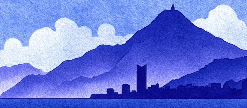 Elegant watercolor painting of donostia coastline skyline with mountains and sea