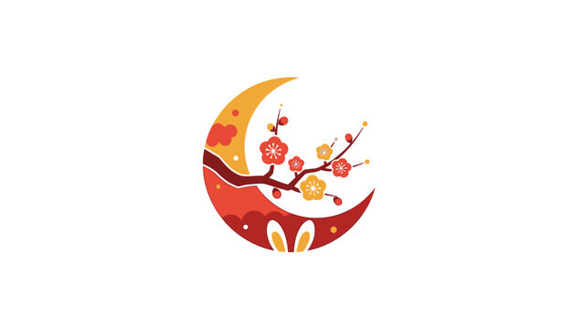 Crescent Moon with Rabbits and Flowers.