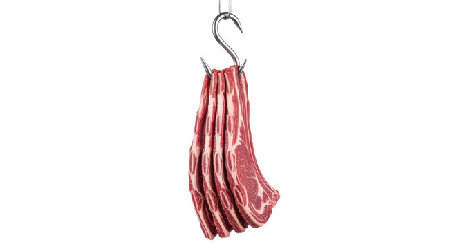 Raw beef steak hanging on metal meat hook, fresh red marbled meat for butchery, organic protein ingredient for gourmet cooking and barbecue isolated PNG with Transparent Background