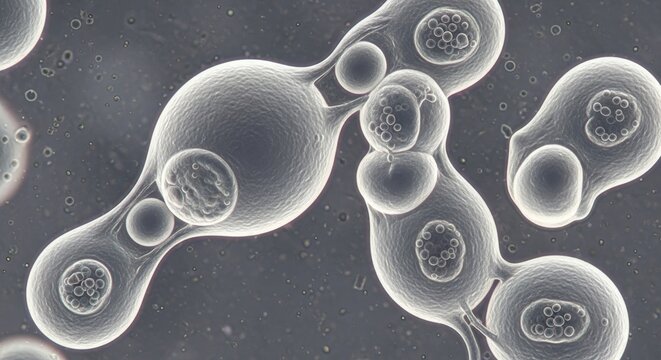Microscopic Yeast Cells Undergoing Budding Reproduction