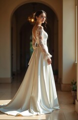 Fototapeta premium Beautiful bride wears elegant white wedding dress with lace sleeves and long train. Woman smiles gently, looking aside, waiting for ceremony. She stands near sunlit window.