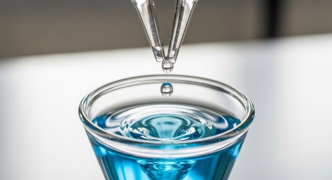 Titrant drop falling from burette into blue solution