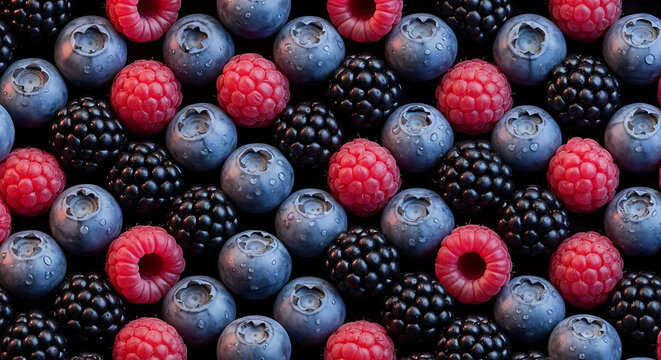 Seamless pattern of fresh ripe berries including raspberries, blueberries, and blackberries with water droplets, healthy food background