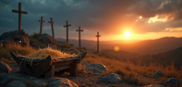 Wooden manger with straw on rocky ground, crosses on hill at sunset. Symbolic scene of Jesus Christ birth and crucifixion. Represents faith and salvation.