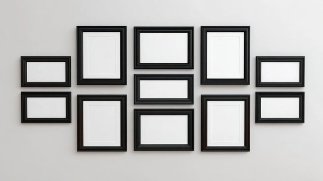 Eleven black picture frames with white mats neatly arranged on a light grey wall Various sizes and orientations